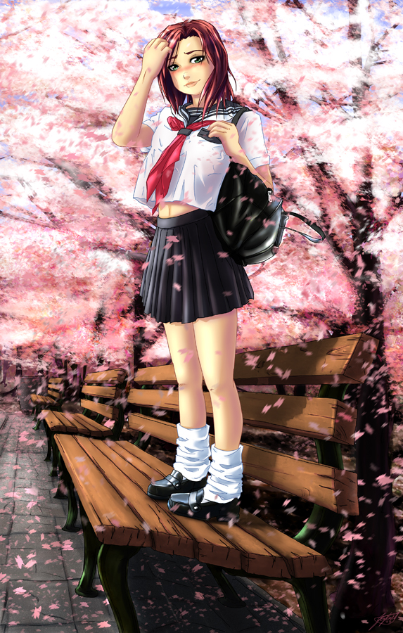 jon kneeland, bench, brown hair, cherry blossoms, school uniform, short hair, socks, solo