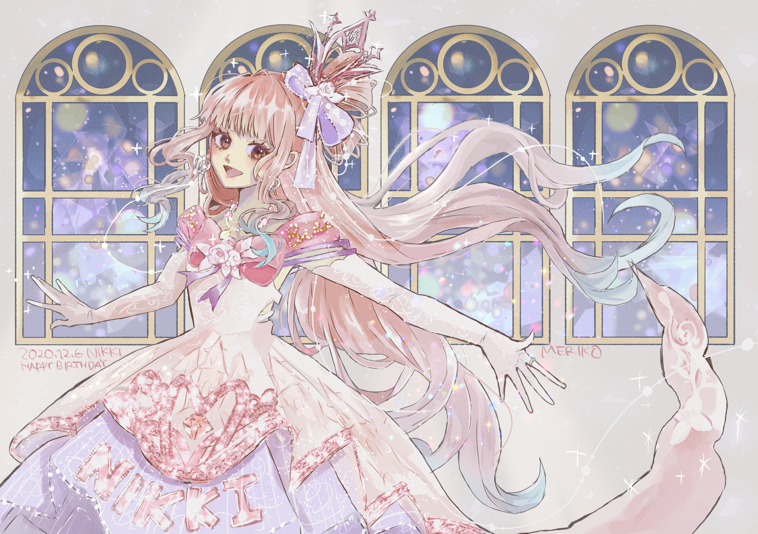 nikki (nikki), miracle nikki, nikki (series), commentary request, highres, 107 (kyuu meriko), 1girl, blunt bangs, bow, bowtie, brooch, brown eyes, character name, clothes writing, coattails, colored tips, cowboy shot, crown, crown earrings, dated, dress, earrings, elbow gloves, english text, eyelashes, floating hair, floral print, flower, flower brooch, gloves, gold crown, gown, grey background, hair bow, hair rings, happy, happy birthday, jewelry, light blush, long dress, long hair, mini crown, multicolored hair, open mouth, outstretched arm, pink bow, pink bowtie, pink dress, pink flower, pink hair, pleated dress, pointy nose, print gloves, purple bow, purple ribbon, ribbon, sidelocks, signature, sleeveless, sleeveless dress, smile, solo, sparkle of stars (miracle nikki), standing, very long hair, wavy hair, white gloves, window