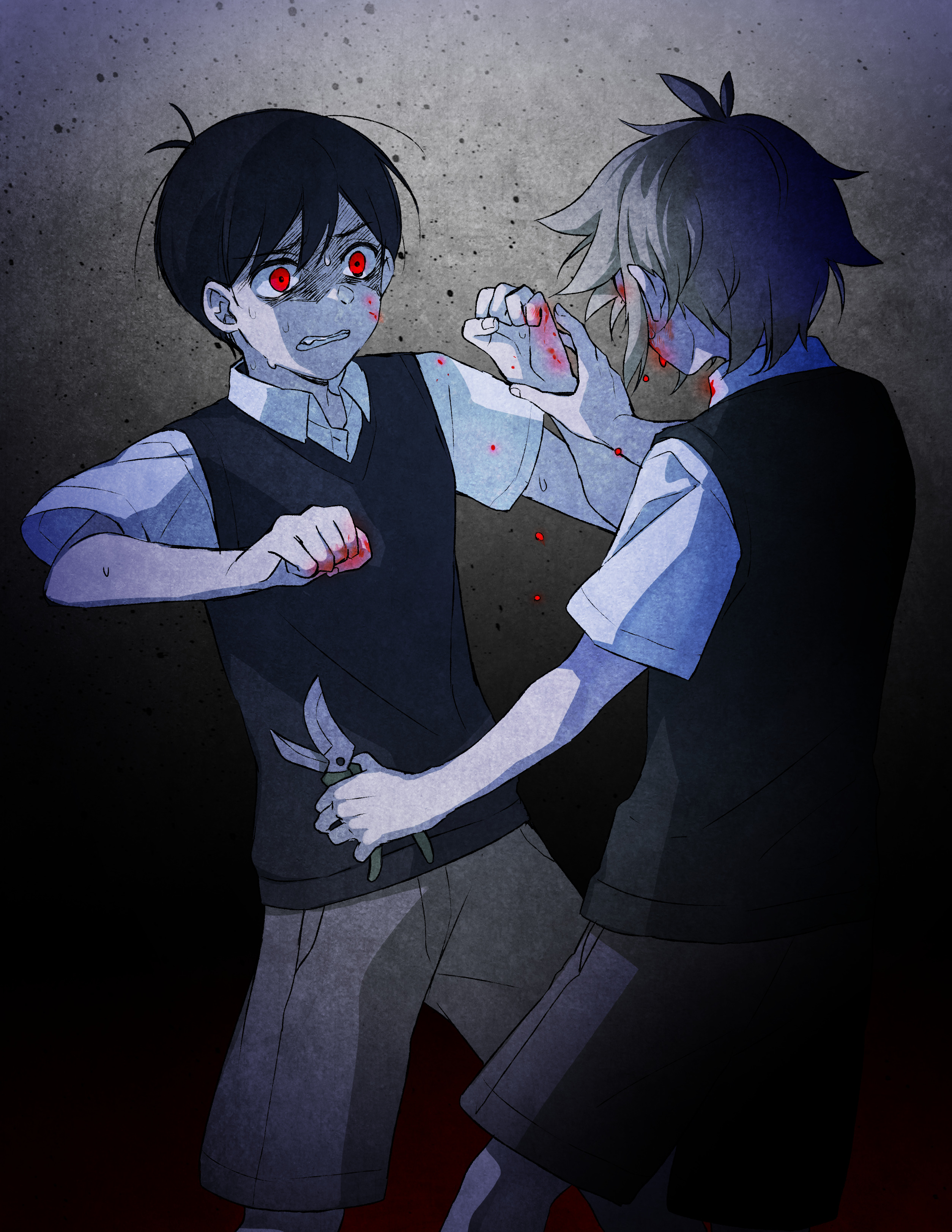 manimani (mani ma), basil (faraway) (omori), basil (omori), sunny (omori), omori, absurdres, commentary, highres, spoilers, 2boys, antenna hair, backlighting, bare arms, black hair, black sweater vest, blonde hair, blood, blood on face, blood on hands, brown shorts, buttons, clenched hand, clenched teeth, collared shirt, cowboy shot, double-parted bangs, face-to-face, fang, film grain, fingernails, gardening shears, grey background, hair behind ear, hair between eyes, hand on another's wrist, hatching (texture), holding, looking at another, male focus, multiple boys, official alternate eye color, raised inner eyebrows, red eyes, scene reference, shaded face, shears, shirt, short hair, short sleeves, shorts, simple background, standing, sweat, sweater vest, teeth, very short hair, vignetting, white shirt, wide-eyed