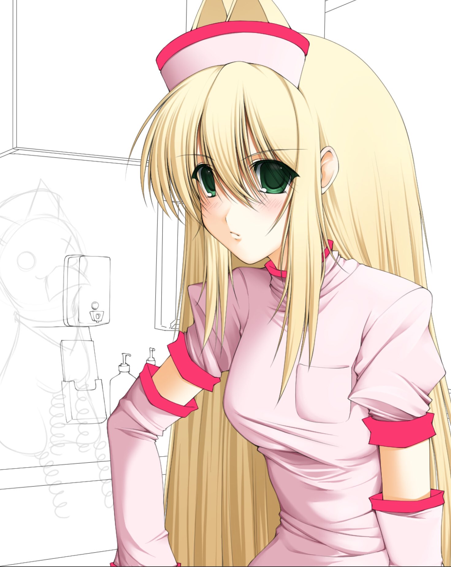 ponymoe, highres, 1girl, 2000s (style), annika (salvika), blonde hair, blush, cat, closed mouth, dress, faux retro artstyle, green eyes, hair ears, hair intakes, hat, long hair, nurse, nurse cap, official alternate costume, salvika, smile, solo