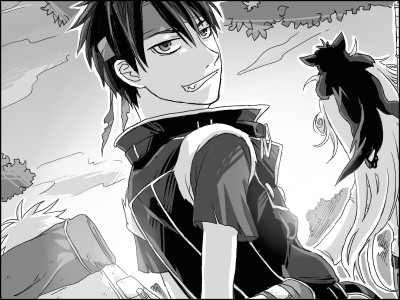 kittaka kaname, cleo everlastin, leki, majic lin, orphen, majutsushi orphen, lowres, 1girl, 2boys, greyscale, headband, long hair, monochrome, multiple boys