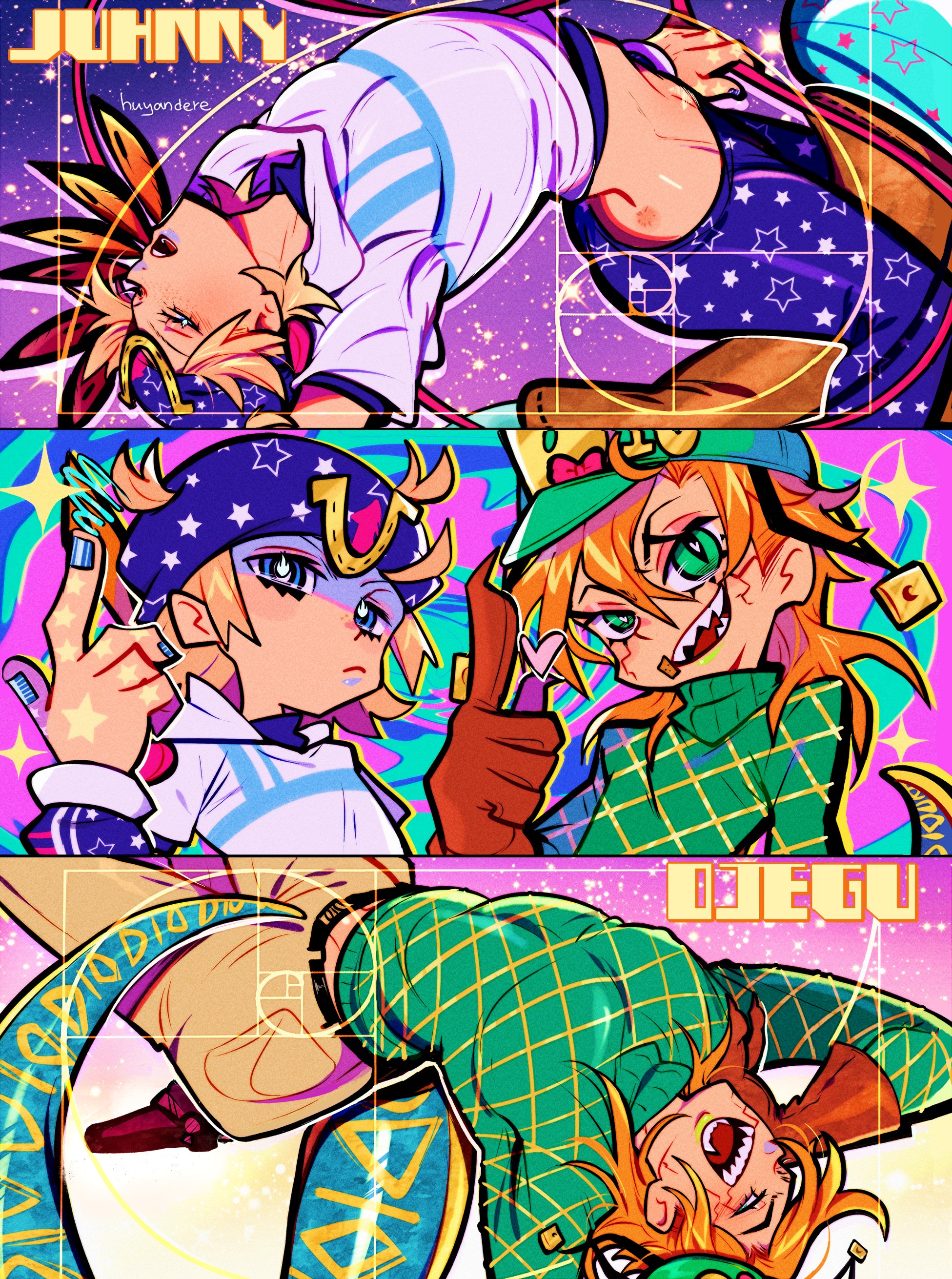 huyandere, diego brando, johnny joestar, jojo no kimyou na bouken, steel ball run, absurdres, commentary, english commentary, highres, 2boys, argyle clothes, argyle sweater, belt, black belt, blonde hair, blue eyes, blue hat, blue nails, blue pants, blue tail, boots, bow, bright pupils, brown boots, brown gloves, character name, clawed gauntlets, closed mouth, cowboy boots, cracked skin, dinosaur tail, feathers, flaming eyes, gloves, golden spiral, green eyes, green helmet, green sweater, hair between eyes, hand on own cheek, hand on own face, hand up, hat, hat bow, helmet, hood, hood down, hoodie, horseshoe hat ornament, horseshoe ornament, index finger raised, jodhpurs, long sleeves, looking at viewer, male focus, medium hair, midriff, multiple boys, multiple views, one eye closed, open mouth, orange hair, pants, panty & stocking with garterbelt (style), red bow, sharp teeth, short sleeves, smile, sparkle, stand (jojo), star (symbol), star print, sweater, tail, teeth, turtleneck, turtleneck sweater, white hoodie, yellow pants