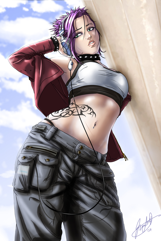 jon kneeland, original, 1girl, cargo pants, choker, collar, eyebrow piercing, face piercing, female focus, headphones, jewelry, navel, navel piercing, pants, piercing, punk, purple hair, short hair, solo, tattoo