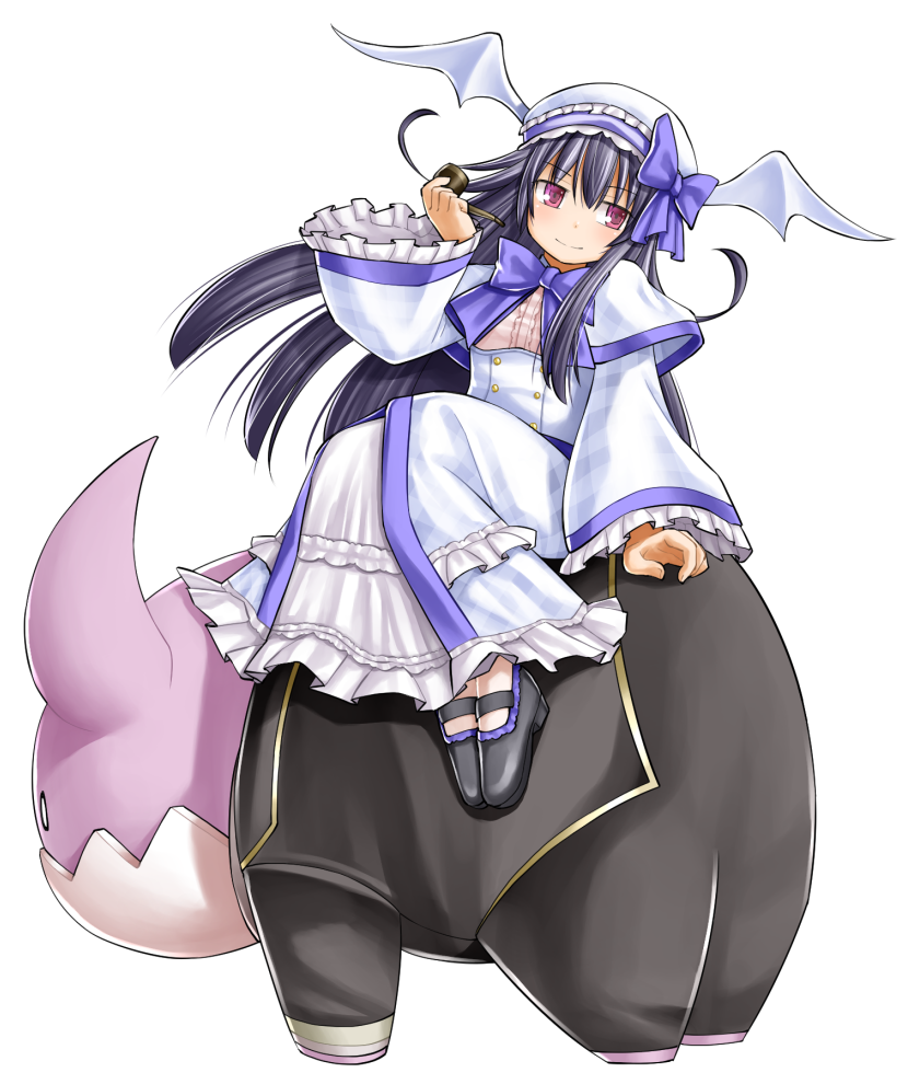 kasuga yukihito, mephistopheles lore, emil chronicle online, 1girl, black boots, black hair, black jacket, blue bow, blue ribbon, boots, bow, bowtie, capelet, dress, familiar, frilled dress, frills, hat, hat ribbon, holding, holding smoking pipe, jacket, long hair, on creature, purple eyes, ribbon, smoking pipe, white capelet, white dress, white hat, white wings, winged hat, wings