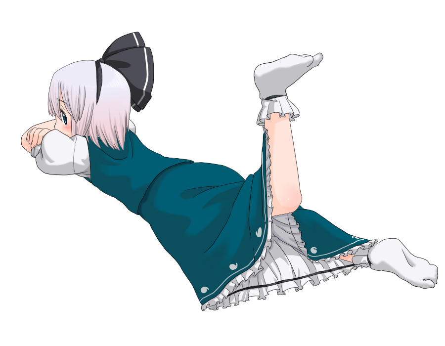 muku (muku-coffee), konpaku youmu, touhou, silver hair, 1girl, blue eyes, blush, crossed arms, feet, female focus, hairband, leg up, looking back, lying, petticoat, short hair, simple background, socks, solo, tabi