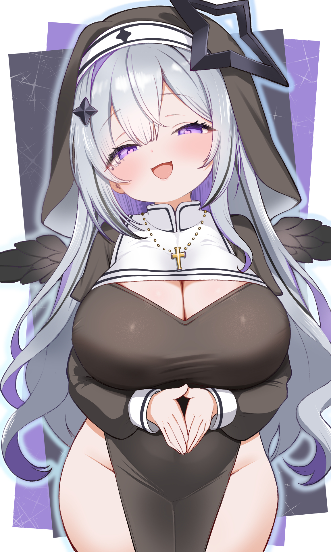 kani bonara, amane konata, hololive, highres, 1girl, :d, black dress, black veil, breasts, cleavage, cleavage cutout, clothing cutout, colored inner hair, cowboy shot, cross, cross necklace, dress, grey hair, hair between eyes, hair ornament, half-closed eyes, heart, heart-shaped pupils, jewelry, large breasts, legs together, long bangs, long sleeves, looking at viewer, multicolored hair, naughty face, necklace, nun, open mouth, own hands together, pink pupils, purple eyes, purple hair, raised eyebrows, sideless dress, smile, solo, standing, straight-on, symbol-shaped pupils, two-tone hair, veil, virtual youtuber