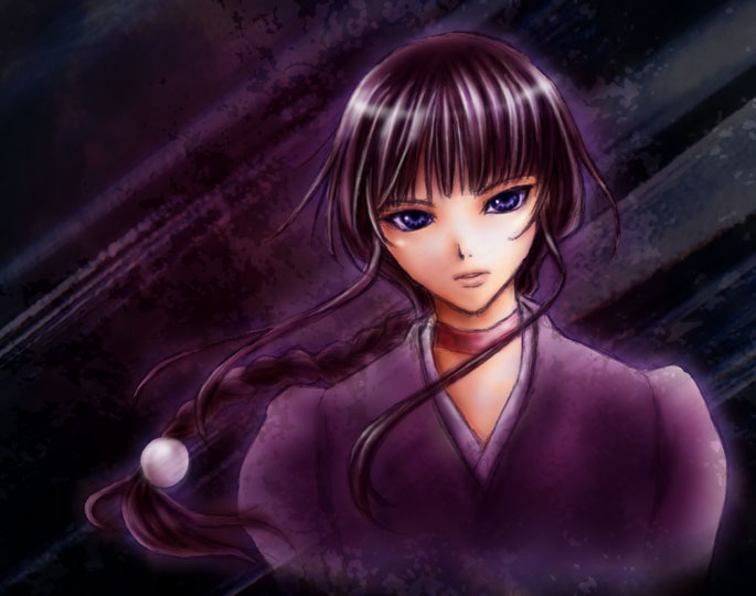 kurotsuchi nemu, bleach, source request, 00s, 1girl, black hair, blue eyes, braid, choker, japanese clothes, long hair, purple eyes, purple hair, single braid, staring, upper body
