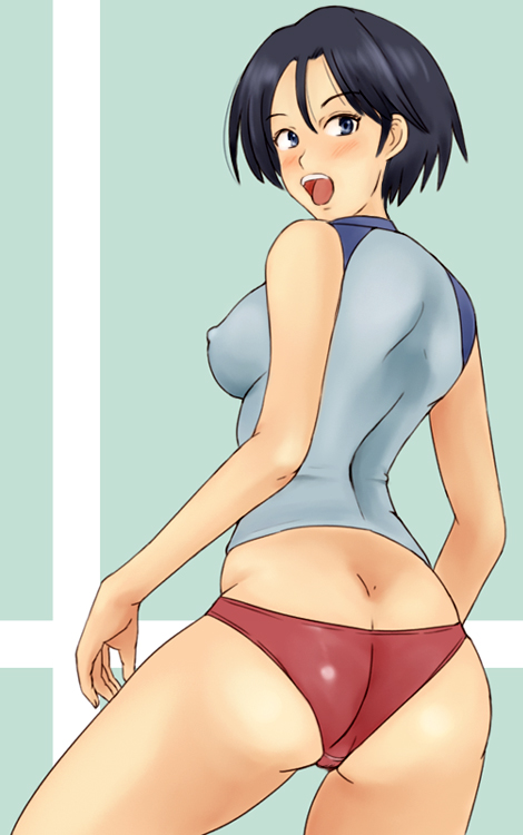 momo 765, rirakukan, taki suzuna, eyeshield 21, 00s, 1girl, ass, bikini, black hair, blue eyes, blush, breasts, butt crack, crack, female focus, midriff, solo, swimsuit