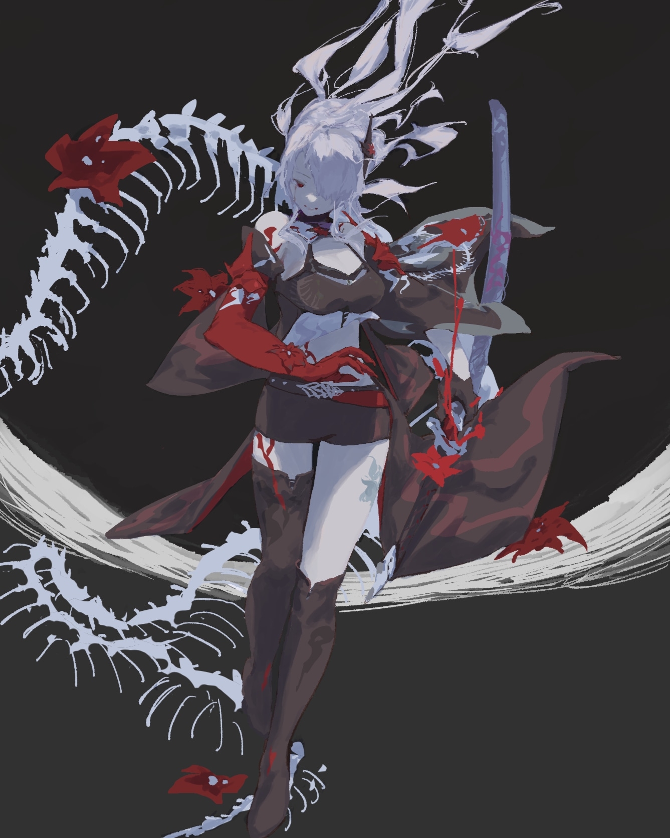 acheron (honkai: star rail), honkai: star rail, honkai (series), highres, 1girl, asymmetrical legwear, bare shoulders, boots, coat, coattails, colored skin, flower, hair ornament, hair over one eye, holding, holding weapon, karuma2, long hair, open clothes, open coat, red eyes, red flower, red skin, scabbard, sheath, shorts, spine, very long hair, weapon, white hair
