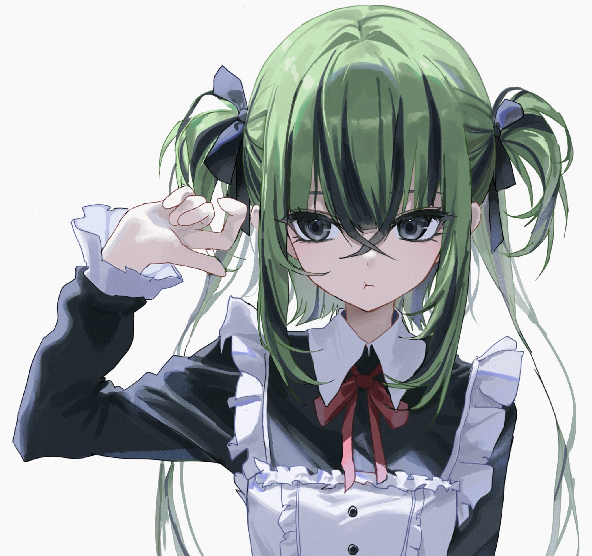 gegadi, original, check copyright, copyright request, highres, 1girl, :t, apron, arm up, black eyes, black hair, black ribbon, black shirt, black streaks, buttons, center frills, closed mouth, crossed bangs, facing viewer, frilled apron, frilled sleeves, frills, hair between eyes, hair ribbon, long bangs, long hair, long hair between eyes, looking to the side, maid, maid apron, multicolored hair, neck ribbon, portrait, pout, red ribbon, ribbon, shirt, sidelocks, simple background, solo, straight-on, streaked hair, twintails, two-tone hair, two side up, very long hair, white apron, white background, wing collar