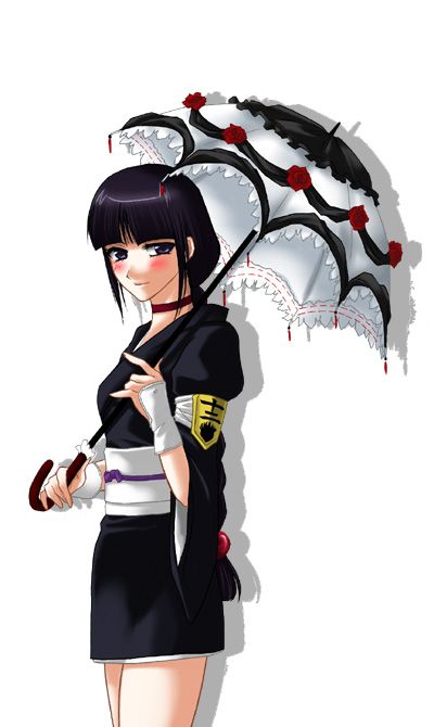 kurotsuchi nemu, bleach, 00s, black hair, blush, braid, choker, flower, japanese clothes, long hair, purple eyes, rose, single braid, umbrella
