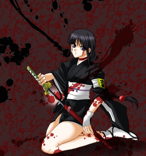 kurotsuchi nemu, bleach, 00s, black hair, blood, braid, choker, japanese clothes, katana, kneeling, long hair, purple eyes, single braid, sword, weapon