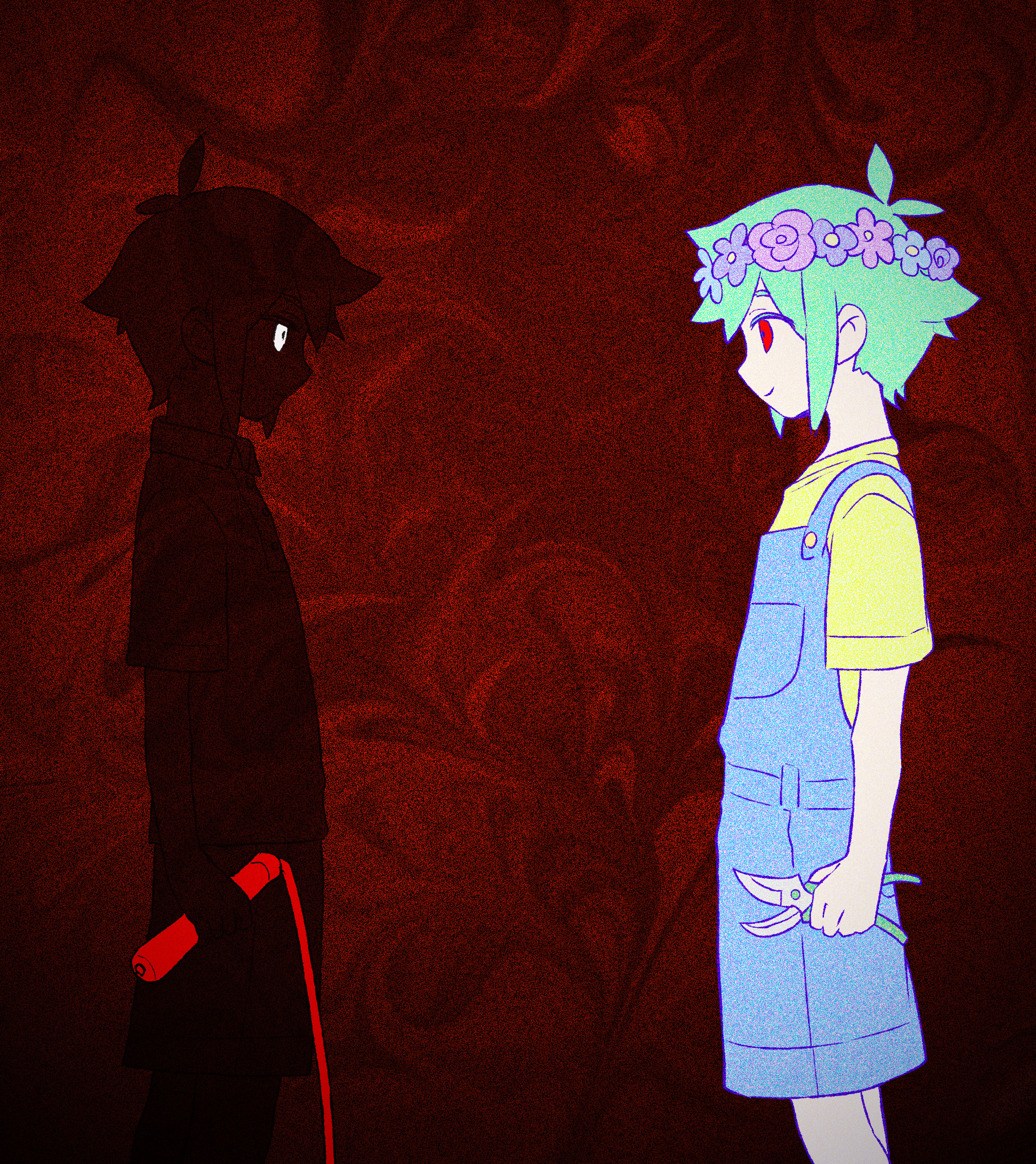 manimani (mani ma), basil (faraway) (omori), basil (omori), stranger (omori), omori, absurdres, commentary, highres, spoilers, 2boys, alternate eye color, antenna hair, black skin, blue flower, blue overalls, buttons, closed mouth, colored skin, cowboy shot, eye contact, face-to-face, film grain, flower, flower wreath, from side, gardening shears, green hair, head wreath, holding, holding jump rope, jump rope, looking at another, male focus, multiple boys, official alternate eye color, overall shorts, overalls, pocket, profile, purple flower, purple rose, red background, red eyes, rose, shears, shirt, short hair, short sleeves, simple background, smile, standing, vignetting, white eyes, white skin, yellow shirt
