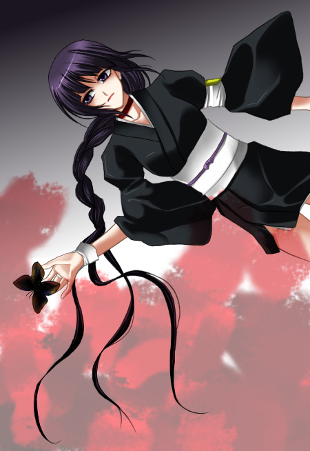kurotsuchi nemu, bleach, 00s, black hair, braid, bug, butterfly, choker, hell butterfly, japanese clothes, long hair, purple eyes, purple hair, single braid