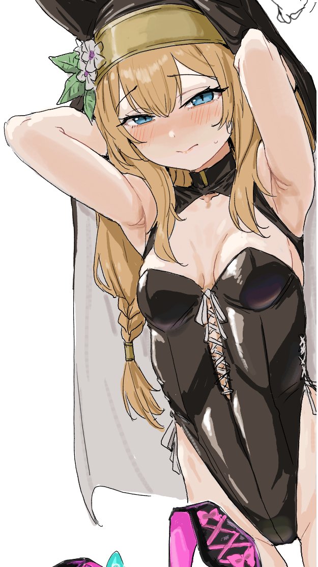 clearite, mari (blue archive), blue archive, 1girl, alternate costume, animal ear headwear, armpits, arms behind head, black leotard, black veil, blush, braid, coif, embarrassed, fake animal ears, flower, hair flower, hair ornament, halo, hat, hat flower, leotard, long hair, low-braided long hair, low-tied long hair, nun, orange hair, solo, veil, white flower, yellow halo