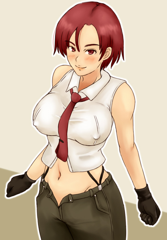 momo 765, rirakukan, vanessa (kof), snk, the king of fighters, 1girl, bare shoulders, black gloves, black pants, blush, breasts, covered erect nipples, cowboy shot, crop top, cropped legs, female focus, gloves, large breasts, looking at viewer, midriff, navel, necktie, open clothes, open fly, pants, red eyes, red hair, red necktie, revealing clothes, shirt, short hair, sleeveless, sleeveless shirt, smile, solo, square-end necktie, suspenders