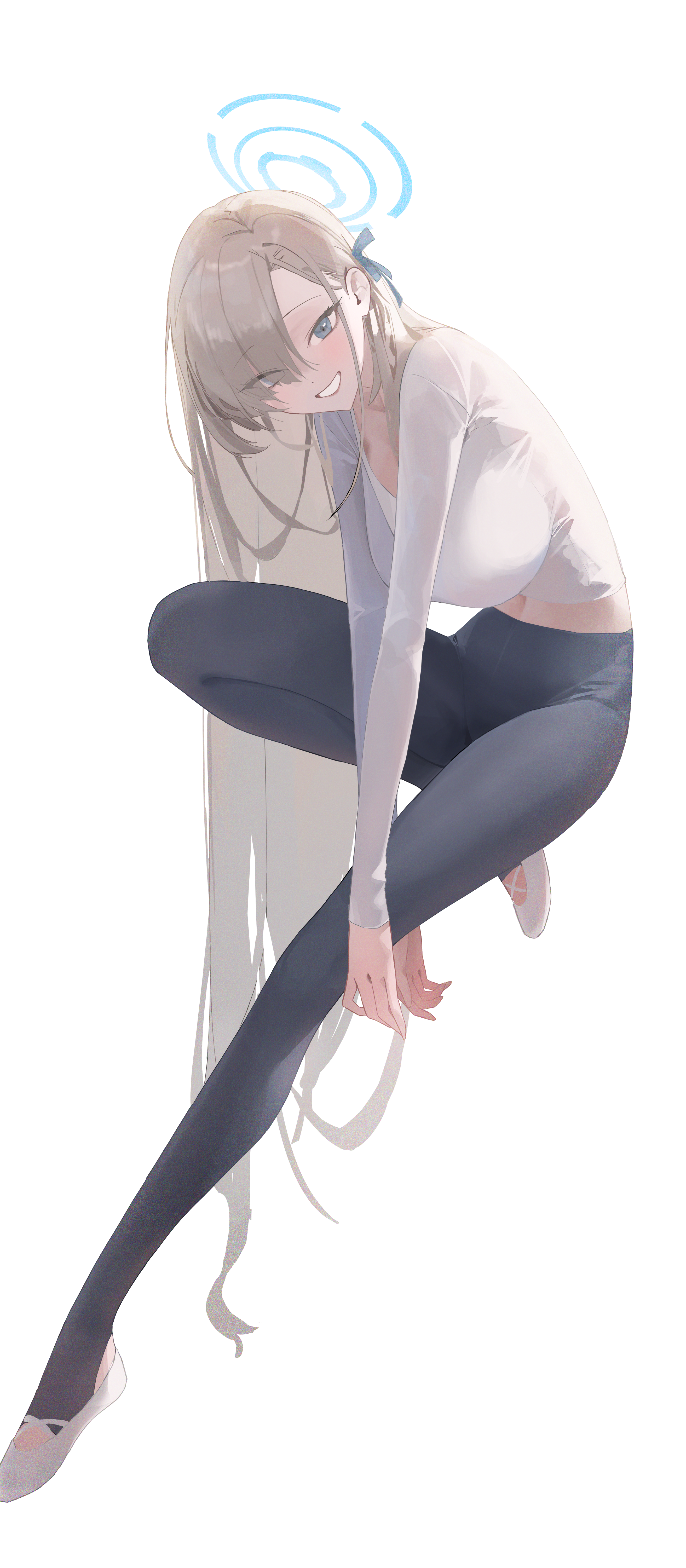 kennyupa, asuna (blue archive), blue archive, absurdres, highres, 1girl, blonde hair, blue eyes, blue halo, breasts, collarbone, grey pants, grin, hair over one eye, hair ribbon, halo, large breasts, long hair, looking at viewer, midriff, navel, pants, ribbon, shirt, shoes, smile, solo, very long hair, white shirt, white shoes