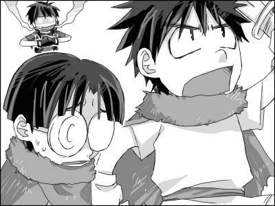kittaka kaname, dortin, orphen, volkan, majutsushi orphen, lowres, 3boys, glasses, greyscale, male focus, monochrome, multiple boys, open mouth