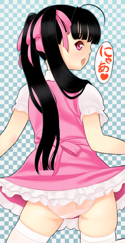 royalwatts, original, 1girl, ahoge, black hair, clothes lift, dress, dress lift, fang, female focus, long hair, panties, pink eyes, solo, thighhighs, underwear