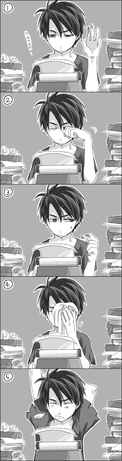 kittaka kaname, orphen, majutsushi orphen, tired, bad id, bad pixiv id, highres, long image, tall image, 1boy, book, closed eyes, greyscale, male focus, monochrome
