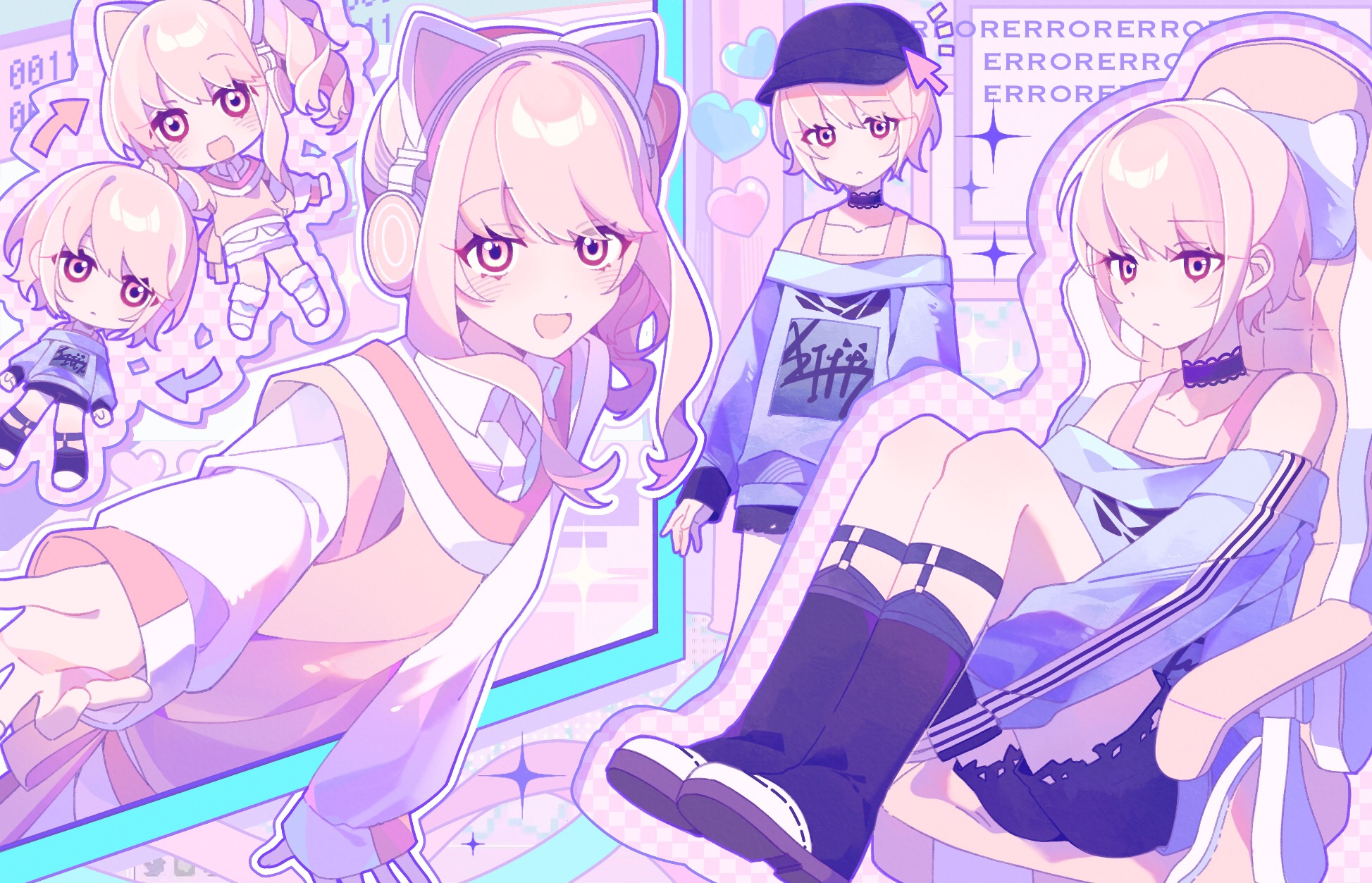 laylayhappy, akiyama mizuki, project sekai, chinese commentary, commentary request, highres, 1other, :d, animal ear headphones, animal ears, arrow (symbol), bare shoulders, baseball cap, black boots, black choker, black hat, black shorts, black socks, blue sweater, boots, cat ear headphones, cat ears, chair, choker, closed mouth, collarbone, collared shirt, cursor, drill hair, expressionless, fake animal ears, full body, gaming chair, hat, headphones, heart, high side ponytail, hugging own legs, knee boots, kneehighs, knees up, lace-trimmed choker, lace trim, layered sleeves, legwear garter, long sleeves, looking at viewer, multiple views, off-shoulder sweater, off shoulder, official alternate costume, on chair, open mouth, other focus, outline, pink background, pink outline, pink sweater vest, pink tank top, puffy long sleeves, puffy sleeves, shirt, short hair, short over long sleeves, short sleeves, shorts, side drill, side ponytail, sidelocks, simple background, sitting, smile, socks, sparkle, sweater, sweater vest, swept bangs, swivel chair, tank top, torn clothes, torn shorts, white shirt, window (computing), you are my hero!! (project sekai)