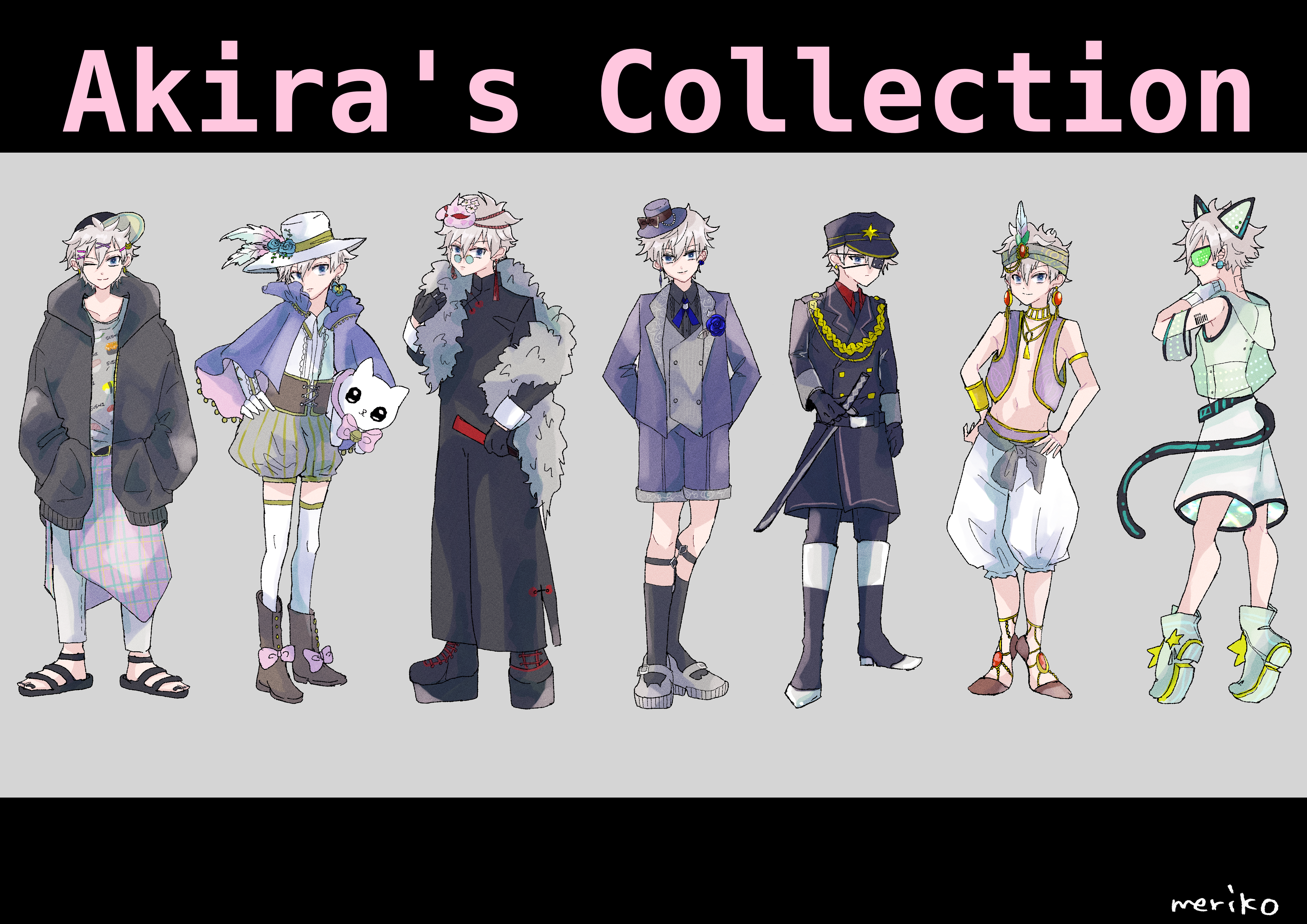 nikki (series), original, shining nikki, absurdres, check copyright, commentary request, copyright request, highres, 107 (kyuu meriko), 1boy, animal ears, ankle socks, armlet, baggy pants, bangle, bare pectorals, baseball cap, bead necklace, beads, belt, black belt, black boots, black border, black changpao, black coat, black gloves, black hat, black jacket, black nails, black necktie, black pants, black sandals, black skirt, black socks, blazer, blue-tinted eyewear, blue eyes, blue flower, blue ribbon, blue rose, blue shirt, boots, border, bow, bracelet, brooch, brown boots, brown bow, brown corset, buttons, cat ears, cat mask, cat tail, center frills, changpao, chinese clothes, cloak, closed mouth, coat, collarbone, collared cloak, collared coat, collared jacket, collared shirt, colored lapels, corset, detached sleeves, double-breasted, dress shirt, earrings, english text, eyepatch, fake animal ears, fake tail, flower, flower brooch, footwear bow, frills, fur shawl, glasses, gloves, goggles, green-tinted eyewear, green boots, green headband, green shorts, grey background, grey shawl, grey shoes, grey vest, hair between eyes, hair ornament, hairclip, hand on hilt, hand on own hip, hand on own neck, hands in pockets, hat, hat bow, hat feather, hat flower, headband, high collar, high heel boots, high heels, holding, holding stuffed toy, hood, hood down, hooded jacket, hooded shirt, jacket, jewelry, katana, knee boots, lapels, leg belt, letterboxed, long sleeves, male focus, mandarin collar, mary janes, mask, mask on head, medical eyepatch, messy hair, mini hat, mini top hat, multicolored boots, nail polish, navel, neck ribbon, necklace, necktie, notched lapels, one eye closed, open clothes, open jacket, pants, parallel hairclips, peaked cap, pectorals, pink bow, pink mask, platform boots, prayer beads, print shirt, puffy shorts, purple cloak, purple hat, purple jacket, purple shorts, purple vest, red shirt, ribbon, rose, round eyewear, sandals, see-through clothes, see-through shirt, shawl, sheath, sheathed, shirt, shoes, short hair, shorts, sideways hat, signature, skirt, sleeve cuffs, sleeveless, sleeveless shirt, smile, socks, sphere earrings, standing, stomach, striped clothes, striped shorts, stuffed animal, stuffed cat, stuffed toy, sword, tail, thighhighs, tinted eyewear, tiptoes, toenail polish, toenails, toes, top hat, two-tone boots, variations, vertical-striped clothes, vertical-striped shorts, vest, weapon, white boots, white gloves, white hair, white hat, white pants, white shirt, white shoes, white thighhighs, x hair ornament