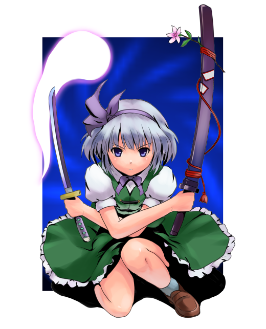 namine0079, konpaku youmu, konpaku youmu (ghost), touhou, silver hair, bad id, bad pixiv id, 1girl, blue eyes, crossed arms, dress, dual wielding, female focus, flower, ghost, green dress, hitodama, holding, holding sword, holding weapon, katana, looking at viewer, puffy short sleeves, puffy sleeves, sheath, short hair, short sleeves, solo, sword, unsheathed, weapon
