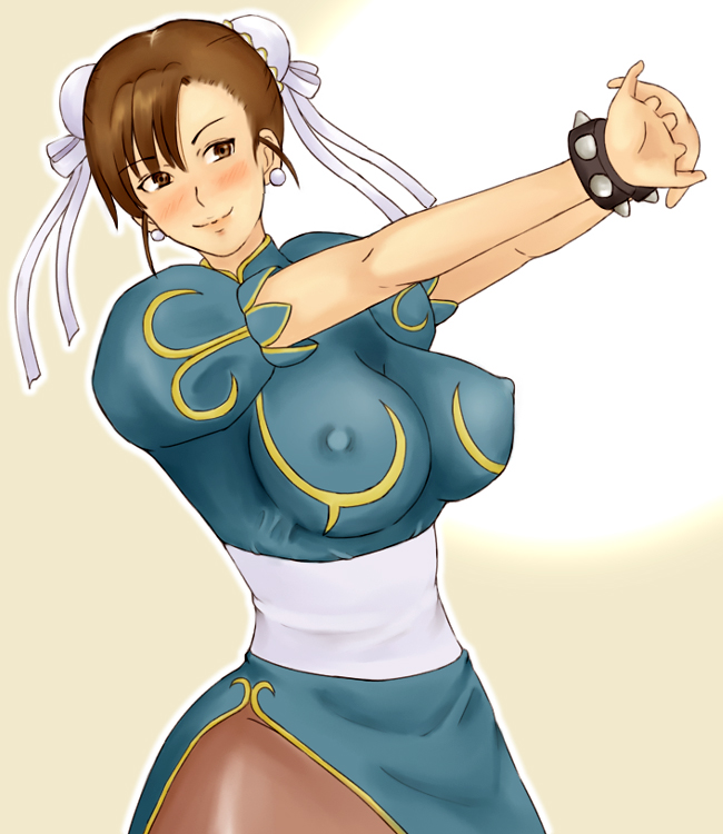 momo 765, rirakukan, chun-li, capcom, street fighter, 1girl, blush, bracelet, breasts, brown eyes, brown hair, bun cover, chinese clothes, double bun, earrings, female focus, hair bun, hair ribbon, huge breasts, jewelry, pantyhose, pelvic curtain, ribbon, solo, spandex, spiked bracelet, spikes