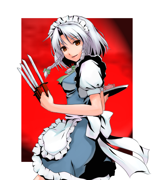 namine0079, izayoi sakuya, touhou, silver hair, 1girl, between fingers, braid, female focus, holding, knife, short hair, solo, throwing knife, tray, twin braids, weapon