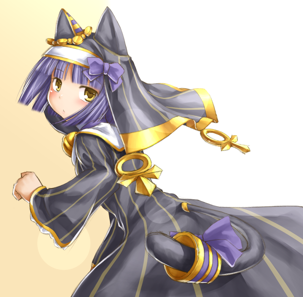 kasuga yukihito, bastet lore, emil chronicle online, 1girl, animal ear headwear, ankh, bell, black dress, black hat, blue hair, blue ribbon, breasts, cat tail, collar, dress, fake animal ears, from side, hat, hat ribbon, looking at viewer, neck bell, nun, ribbon, small breasts, solo, striped clothes, striped dress, tail, tail ornament, tail ribbon, white collar, yellow eyes
