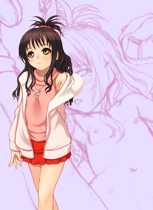 royalwatts, yuuki mikan, to love-ru, 00s, 1girl, black hair, breasts, jewelry, long hair, navel, necklace, nipples, nude, ponytail, skirt, small breasts