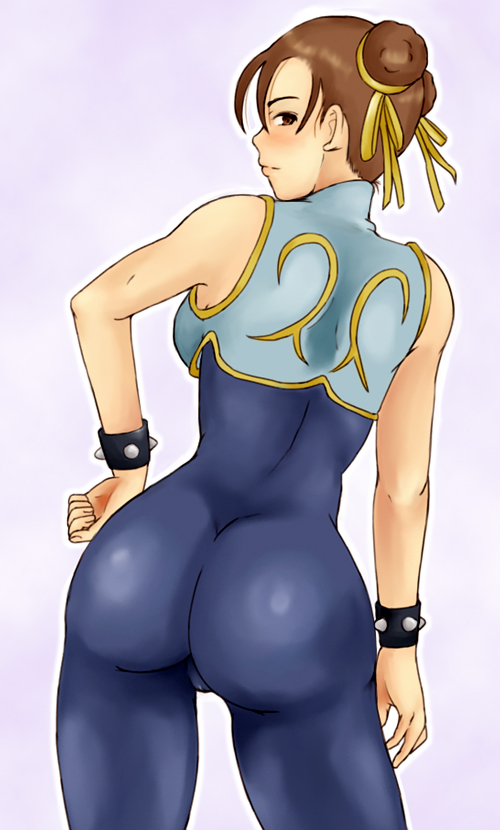 momo 765, rirakukan, chun-li, capcom, street fighter, 1girl, ass, bracelet, brown eyes, brown hair, chinese clothes, double bun, female focus, hair bun, huge ass, jewelry, looking back, ribbon, solo, spandex, spiked bracelet, spikes, unitard