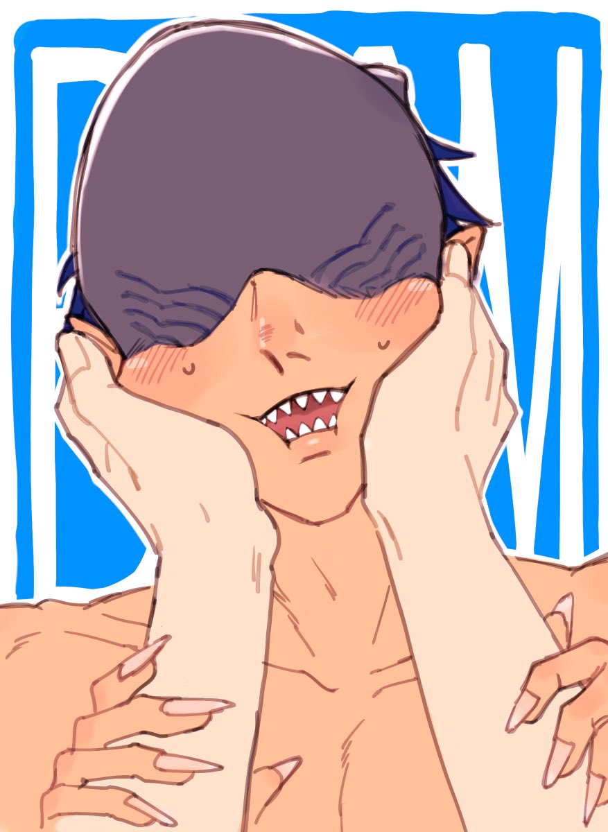 beam (chainsaw man), chainsaw man, commentary request, highres, 1boy, 1other, black hair, blush, chigaya owo, fingernails, hands on another's face, male focus, nude, open mouth, shark boy, shark head, sharp fingernails, sharp teeth, short hair, solo focus, teeth, upper body