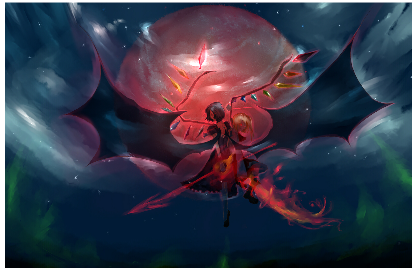mnk, flandre scarlet, remilia scarlet, touhou, bad id, bad pixiv id, highres, 2girls, female focus, glowing, multiple girls, night, siblings, sisters, wings