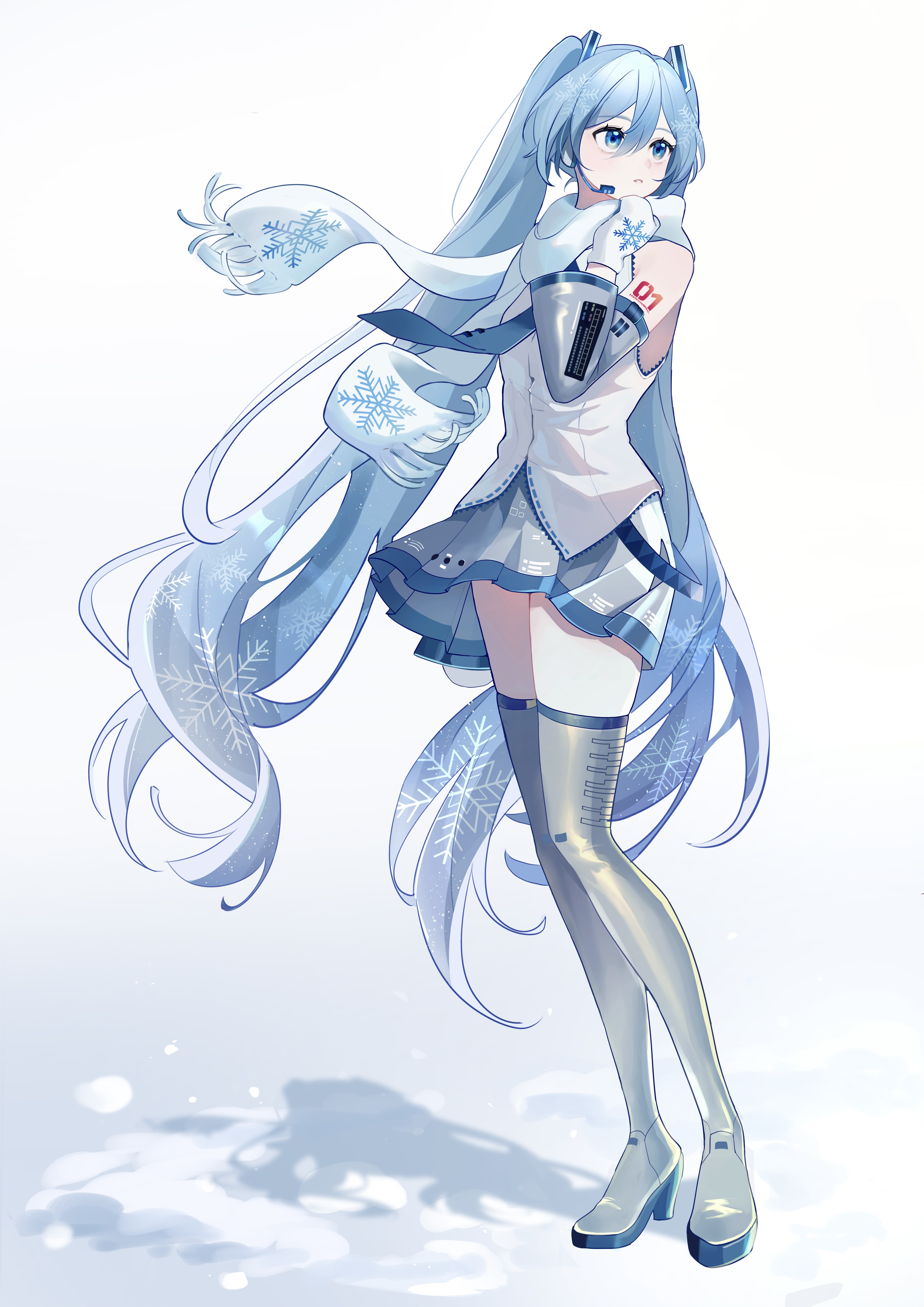 konikoni1002, hatsune miku, yuki miku, yuki miku (2011), vocaloid, absurdres, highres, 1girl, aqua eyes, aqua hair, aqua necktie, aqua trim, arm tattoo, boots, detached sleeves, full body, hair between eyes, hair ornament, headset, long hair, long sleeves, mittens, necktie, number tattoo, official alternate costume, scarf, shirt, simple background, snowflake print, solo, tattoo, thigh boots, thighhighs, twintails, very long hair, white background, white mittens, white scarf, white shirt, wide sleeves, zettai ryouiki