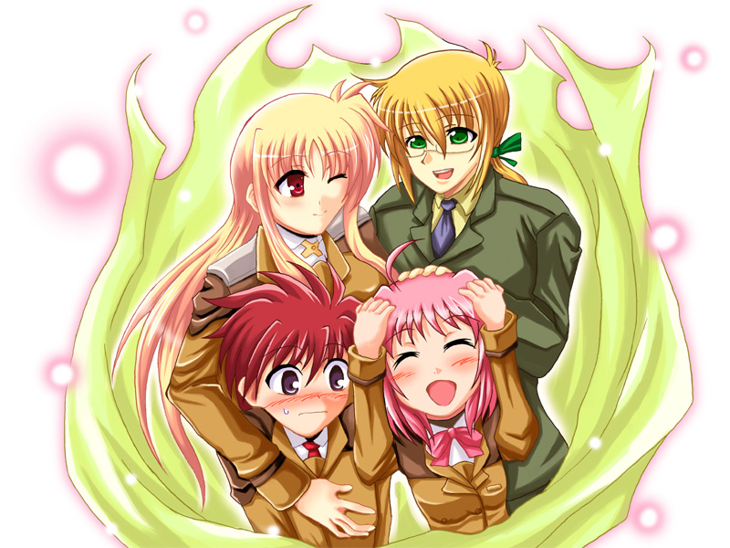 kose, caro ru lushe, erio mondial, fate testarossa, yuuno scrya, lyrical nanoha, mahou shoujo lyrical nanoha, bad id, bad pixiv id, 00s, 2boys, 2girls, blush, military, military uniform, multiple boys, multiple girls, ponytail