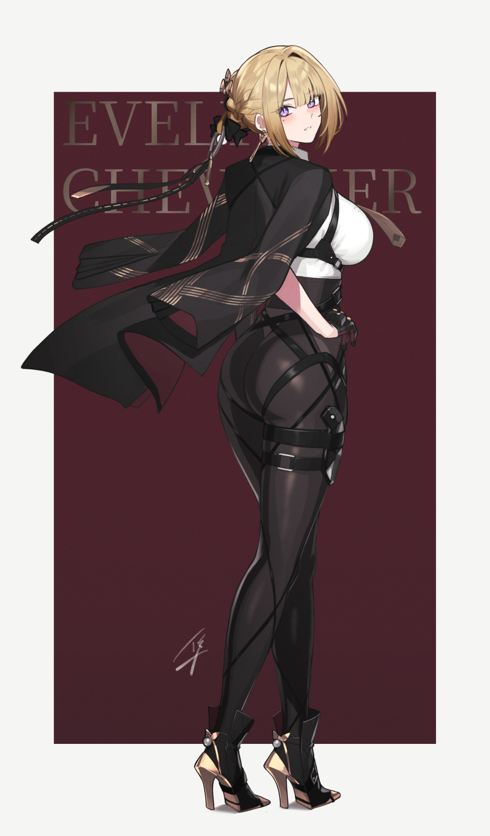 hayabusa (vert 320), evelyn chevalier, zenless zone zero, highres, 1girl, ass, black gloves, black jacket, blonde hair, blush, breasts, earrings, from behind, full body, gloves, hair ornament, high heels, jacket, jacket on shoulders, jewelry, large breasts, looking at viewer, looking back, mole, mole under eye, parted lips, purple eyes, simple background, smile, solo, standing