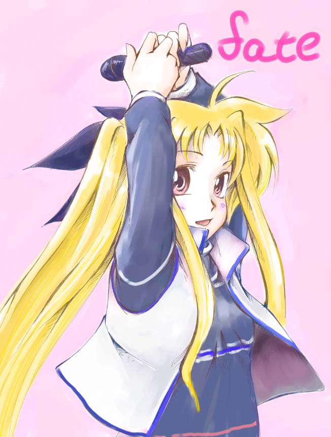 jason (kaiten kussaku kikou), fate testarossa, lyrical nanoha, mahou shoujo lyrical nanoha, 00s, 1girl, :o, blonde hair, blue dress, blush, dress, female focus, holding, long hair, long sleeves, looking at viewer, microphone, parted lips, pink background, sidelocks, simple background, solo, twintails, very long hair, vest