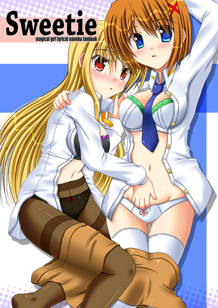 lask, fate testarossa, yagami hayate, lyrical nanoha, mahou shoujo lyrical nanoha, black legwear, 00s, 2girls, alternate legwear, black panties, blush, bow, bow panties, bra, crotch seam, fingering, hand in panties, lingerie, multiple girls, open clothes, open shirt, panties, panties under pantyhose, pantyhose, shirt, thighband pantyhose, thighhighs, underwear, undressing, white panties, yuri