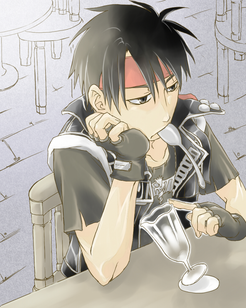 kittaka kaname, orphen, majutsushi orphen, bad id, bad pixiv id, 1boy, black hair, fingerless gloves, gloves, headband, male focus, solo, spoon