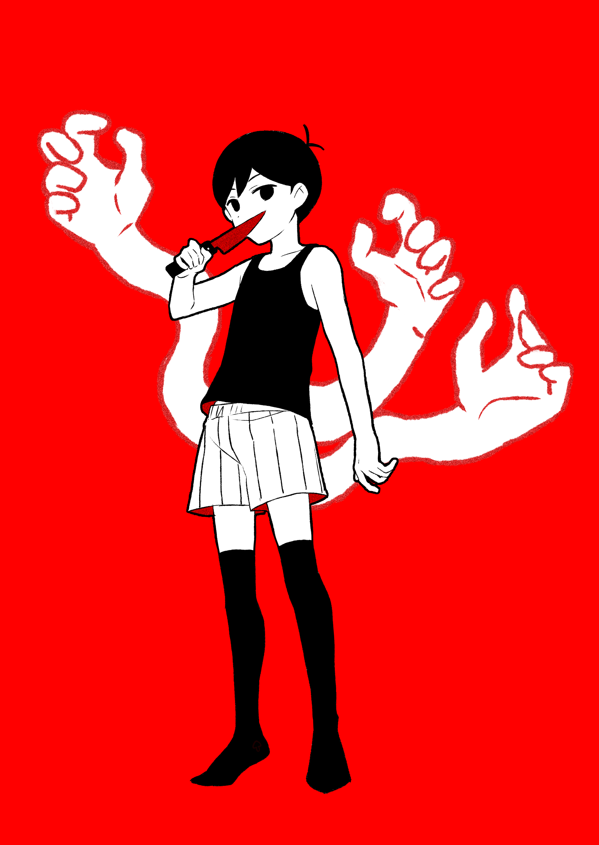 manimani (mani ma), omori (omori), omori, absurdres, commentary, highres, 1boy, antenna hair, bare arms, bare shoulders, collarbone, covered mouth, double-parted bangs, empty eyes, extra arms, full body, greyscale with colored background, hair behind ear, hair between eyes, holding, holding knife, knife, looking at viewer, male focus, no pupils, no shoes, pinstripe shorts, red background, short hair, shorts, simple background, solo, standing, tank top, thighhighs, very short hair