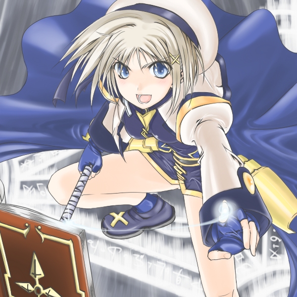 schwertkreuz, tome of the night sky, yagami hayate, lyrical nanoha, mahou shoujo lyrical nanoha, silver hair, 00s, 1girl, blue eyes, book, female focus, fighting stance, floating, hair ornament, hat, legs apart, open mouth, outstretched arm, short hair, solo, staff, unison (nanoha), wide stance, x hair ornament