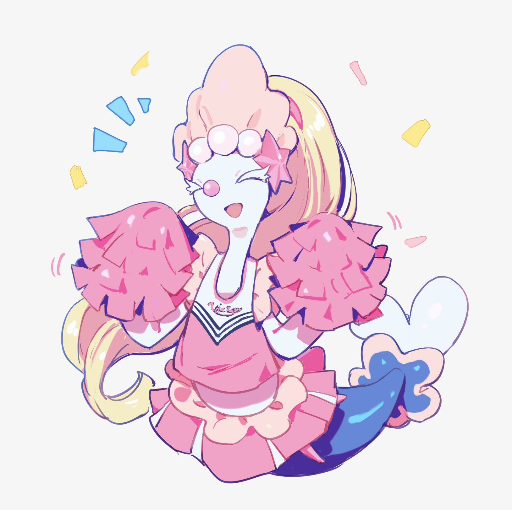 yosame0a, primarina, nintendo, pokemon, commentary request, highres, :d, alternate color, blonde hair, cheerleader, closed eyes, clothed pokemon, gen 7 pokemon, happy, holding, holding pom poms, long hair, no humans, open mouth, pink skirt, pokemon (creature), pokemon focus, pom pom (cheerleading), pom poms, shiny pokemon, shirt, skirt, smile, solo, white background