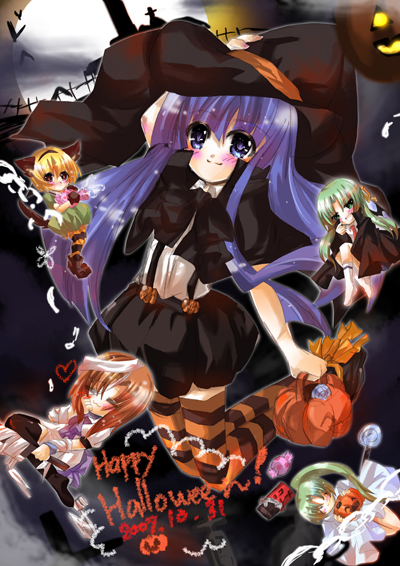 furude rika, houjou satoko, ryuuguu rena, sonozaki mion, sonozaki shion, higurashi no naku koro ni, striped legwear, 00s, 2007, 5girls, animal ears, billhook, blonde hair, blue eyes, blue hair, blush, brown hair, candy, closed eyes, coat, dated, dress, food, green eyes, green hair, hairband, halloween, happy halloween, hashitsuki nata, hat, hatchet, jack-o'-lantern, long hair, moon, multiple girls, nata (tool), night, orange thighhighs, pantyhose, ponytail, pumpkin, red eyes, ribbon, siblings, sisters, striped clothes, striped thighhighs, tail, thighhighs, twins, witch, witch hat