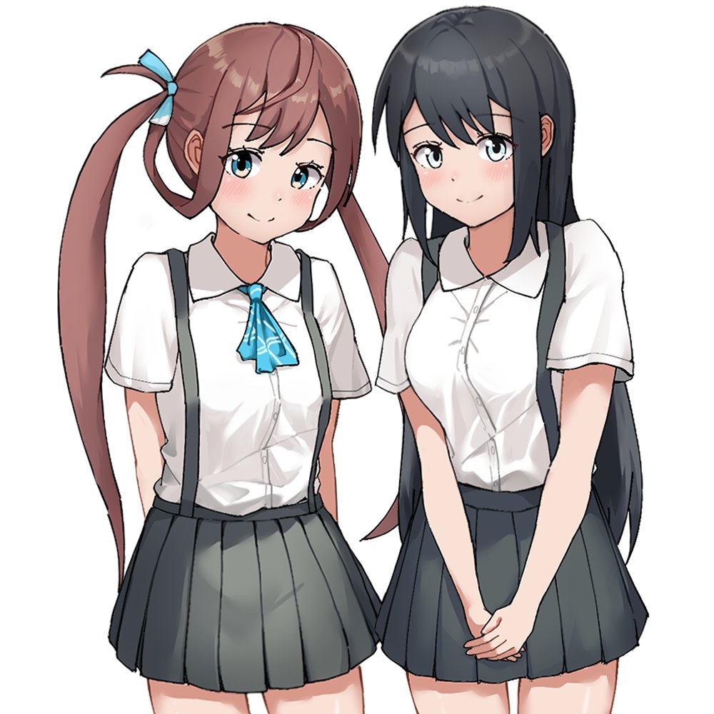 asagumo (kancolle), asashio (kancolle), kantai collection, 1girl, 1oajixcvg8tubvi, ascot, black hair, blue ascot, blue eyes, blush, braid, breasts, brown hair, cowboy shot, double bun, hair bun, hair ornament, hair ribbon, long hair, looking at viewer, medium breasts, plaid ascot, plaid clothes, pleated skirt, ribbon, school uniform, shirt, skirt, small breasts, smile, suspender skirt, suspenders, thighhighs, twintails, white shirt