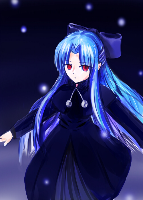 isegawa yasutaka, len (tsukihime), melty blood, tsukihime, type-moon, bad id, bad pixiv id, 00s, 1girl, black dress, blue hair, bow, capelet, dress, female focus, hair bow, half updo, pointy ears, red eyes, solo