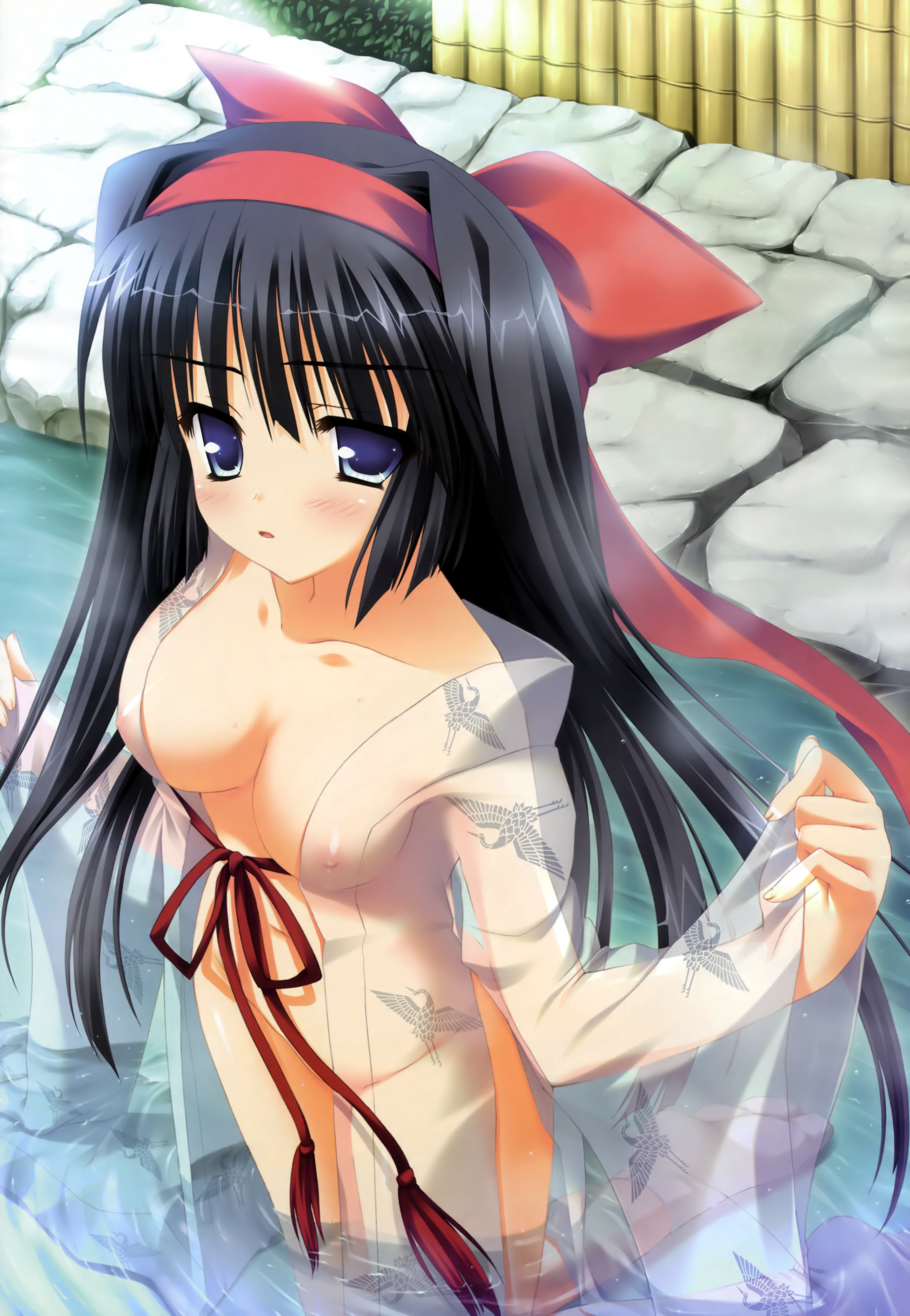hinamatsuri touko, takegami sayo, mikoko (game), absurdres, highres, non-web source, 1girl, black hair, blue eyes, blush, breasts, cleavage, female focus, kneeling, long hair, nipples, no panties, purple eyes, ribbon, see-through clothes, solo, very long hair, water