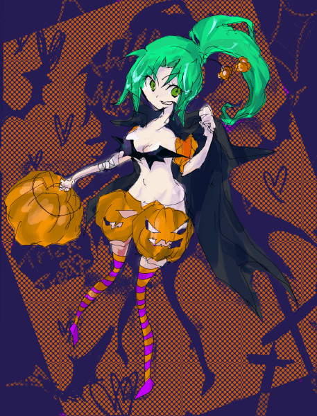 sonozaki mion, higurashi no naku koro ni, 00s, 1girl, bandages, bat (animal), female focus, green eyes, green hair, halloween, jack-o'-lantern, matching hair/eyes, ponytail, pumpkin, pumpkin-shaped pants, socks, solo, thighhighs