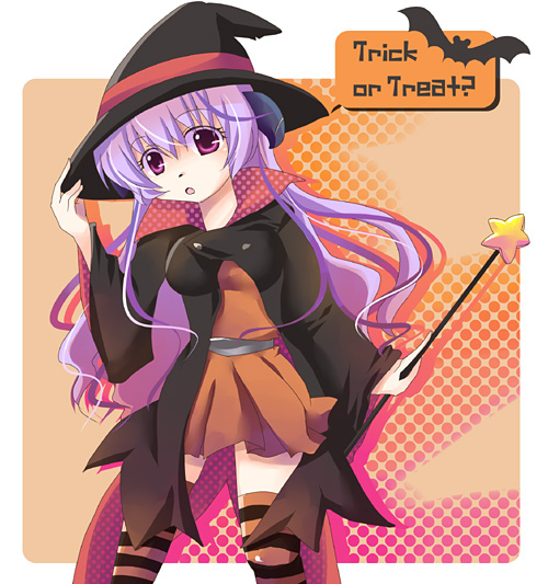 hanyuu, higurashi no naku koro ni, 00s, 1girl, brown dress, coat, dress, female focus, halloween, hat, horns, long hair, orange background, purple eyes, purple hair, skirt, socks, solo, thighhighs, trick or treat, wand, witch, witch hat