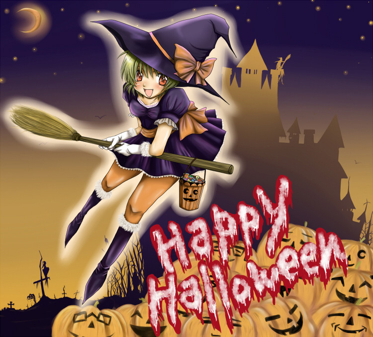 kimiyoshi natsumi, higurashi no naku koro ni, 00s, 1girl, broom, candy, castle, dress, female focus, food, gloves, graveyard, green hair, halloween, happy halloween, hat, jack-o'-lantern, moon, night, orange eyes, orange pantyhose, pantyhose, pumpkin, solo, tree, witch, witch hat